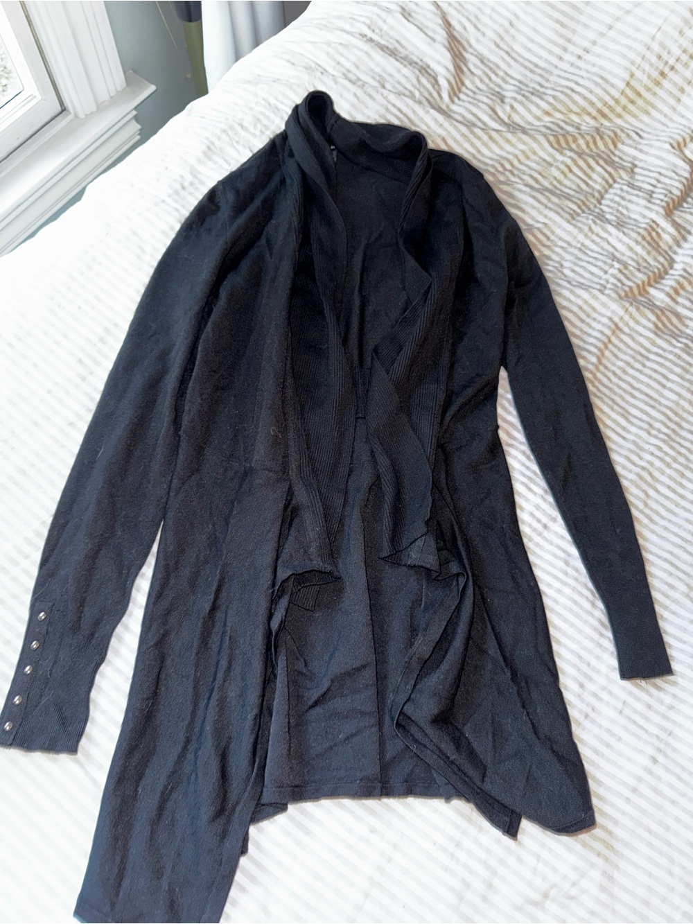White House Black Market Black Draped Open Cardigan with Button Cuffs